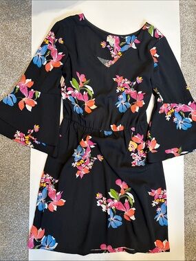 A New Day Black Floral V-Neck Bell Sleeve Dress with Pink, Blue & Orange Blooms